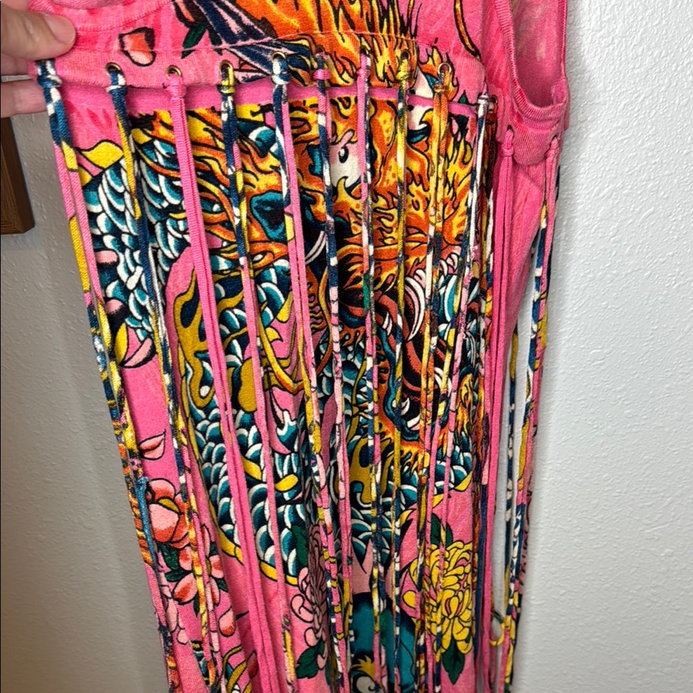Christian Audigier Pink Tank Sweater Dress w Graphic Design Fringe‎ Y2K - Picture 14 of 17